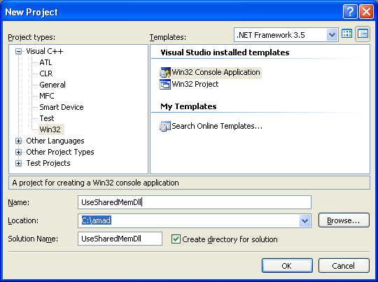 Processes that Use the Shared Memory Program Example: Creating new Win32 C++ console application project in Visual C++ .NET