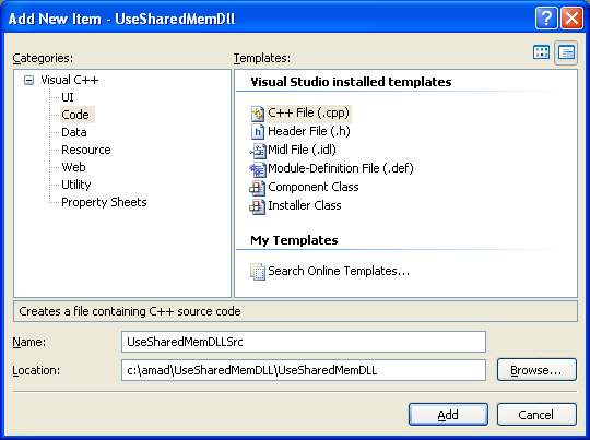 Processes that Use the Shared Memory Program Example: Adding new C++ source file for C++ source code to the existing C++ project