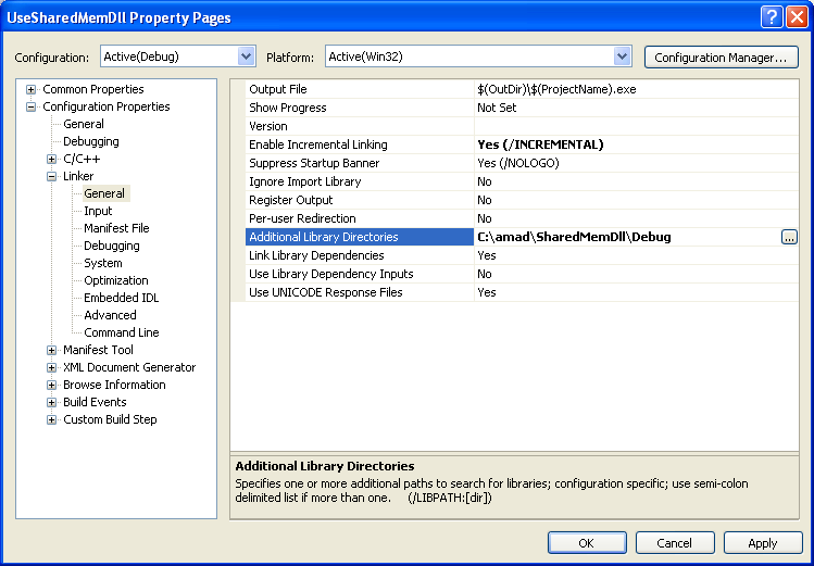 Processes that Use the Shared Memory Program Example: The added additional library path seen in the project property's page