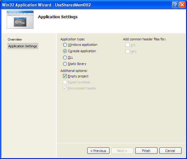 Processes that Use the Shared Memory Program Example 2: Selecting the console and empty Win32 project template