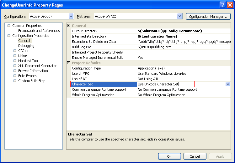 Setting the Unicode Visual C++ project option