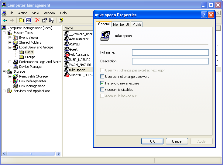 User account management snap-in for Windows local computer