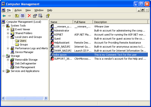 Setting the User Comment (Description) Field, Level 1007 Code Snippet Example: the user account description has been set programmatically