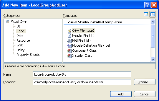 Creating a Local Group and Adding a User Program Example: Adding new C++ source file