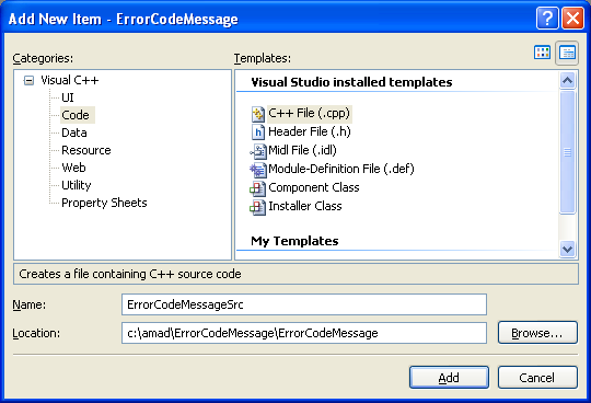 Looking Up Text for Error Code Numbers Program Example: Adding new C++ source file