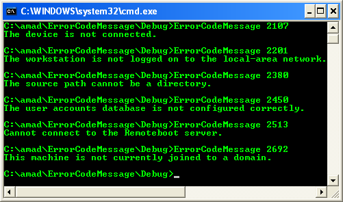 Looking Up Text for Error Code Numbers Program Example: A sample console program output