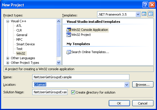 NetUserGetGroups() Program Example: Creating new C++ Win32 console mode application project using Visual C++ .NET