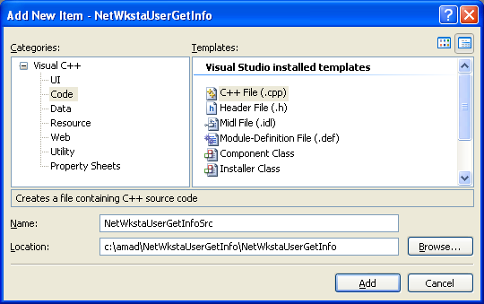 NetWkstaUserGetInfo() Program Example: Adding new C++ source file