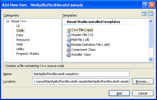 NetApiBufferAllocate(), NetApiBufferSize(),  NetApiBufferReallocate() and NetApiBufferFree() Program Example: Adding new C++ dource file for the source code