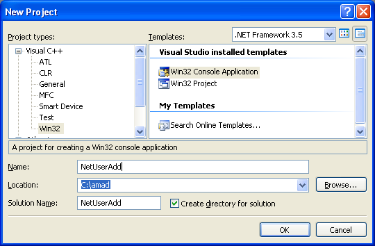 NetUserAdd() Program Example: Creating new C++ Win32 console application project using Visual C++ .NEt