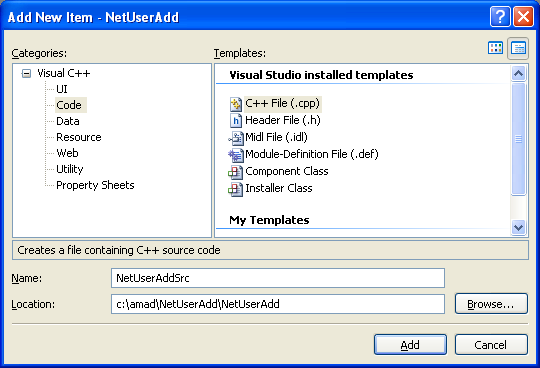 NetUserAdd() Program Example: Adding new C++ source file