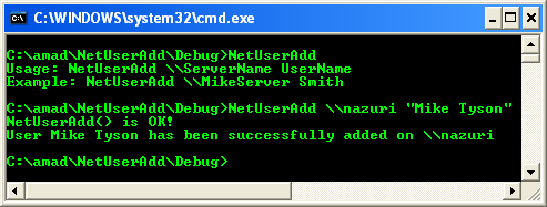 NetUserAdd() Program Example: Sample program output showing how to add new user