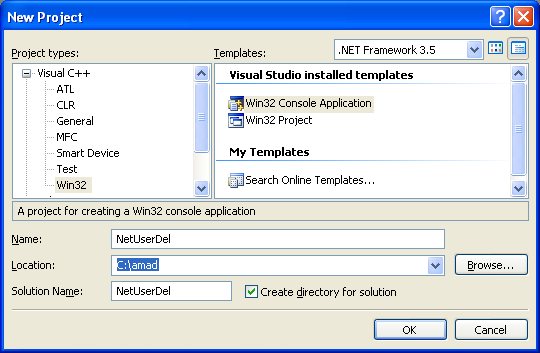 NetUserDel() Program Example: Creating new Win32 C++ console application project in Visual C++ .NET