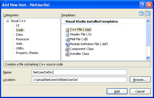 NetUserDel() Program Example: Adding new C++ source file for C++ source code