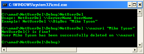 NetUserDel() Program Example: A sample console program output, deleting user account