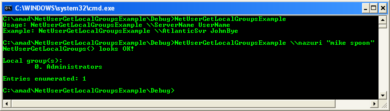 NetUserGetLocalGroups() Program Example: A sample program output