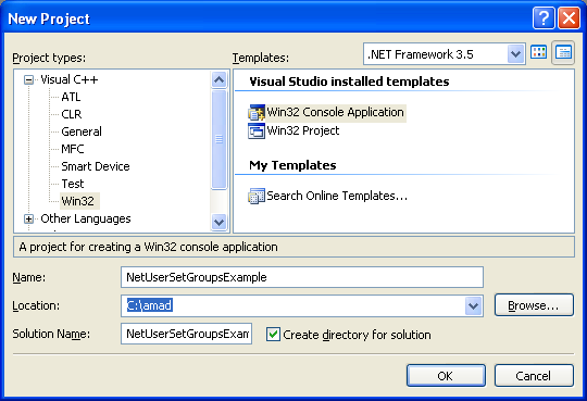 NetUserSetGroups() Program Example: Creating new Win32 C++ empty console application project