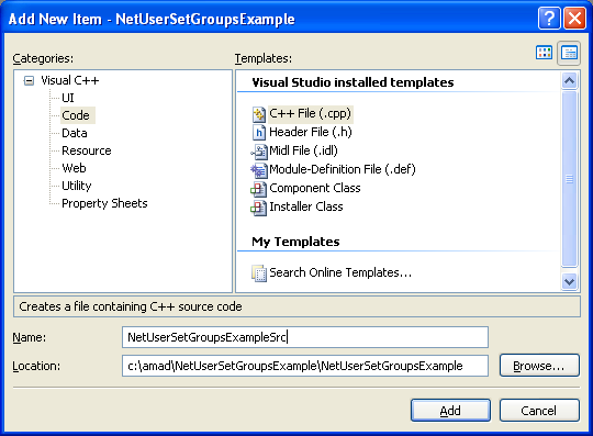 NetUserSetGroups() Program Example: Adding new C++ source file for the C++ source code