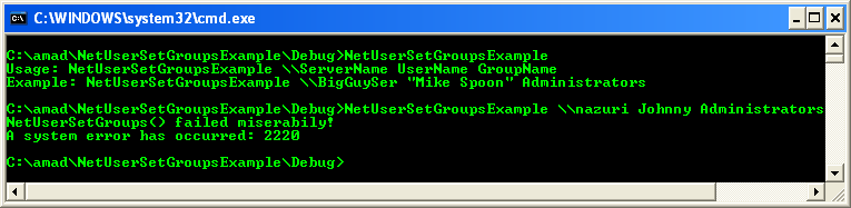 NetUserSetGroups() Program Example: A s ample program output