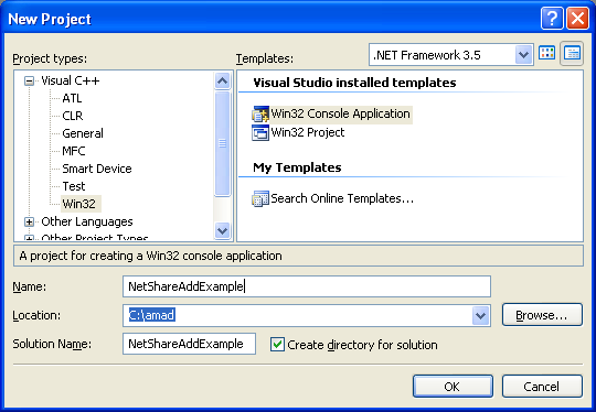NetShareAdd() Program Example: Creating new C++ Win32 empty console application project