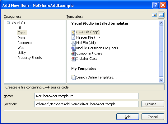 NetShareAdd() Program Example: Adding new C++ source file for C++ source code