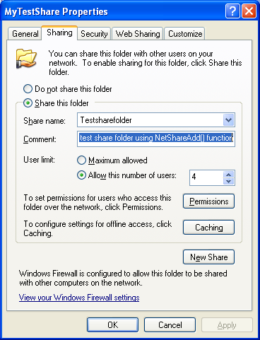 NetShareAdd() Program Example: The shared folder comment created programmatically
