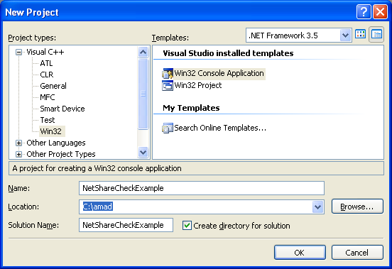 NetShareCheck() Program Example: Creating new Win32 console C++ application project
