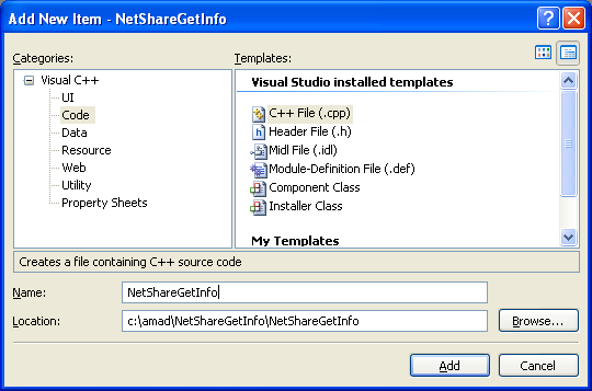 NetShareGetInfo() Program Example: Addding C++ source file for the C++ source code
