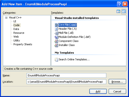 Enumerating All Modules for a Process Program Example: Adding new C++ source file for C++ source code to the existing C++ project
