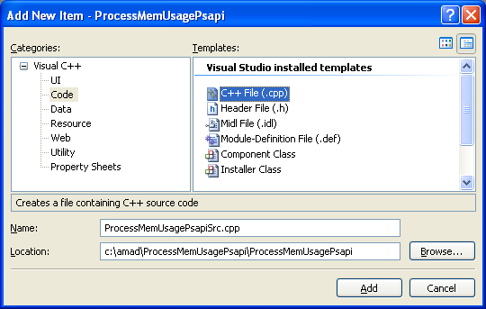 Collecting Memory Usage Information for a Process Program Example: Adding new C++ source file for C++ source code to the existing C++ project