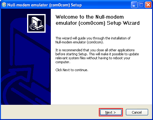 Debugging ReactOS: the com0com null modem setup welcome page