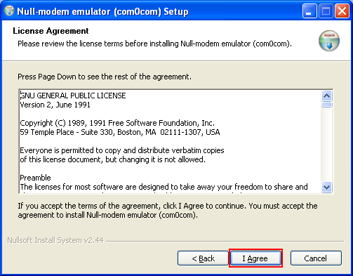 Debugging ReactOS: the com0com null modem setup license agreement