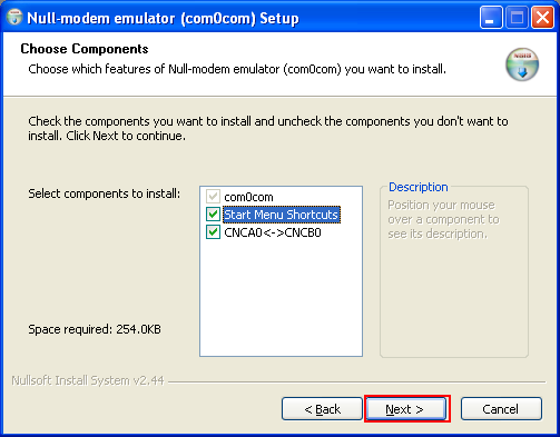 Debugging ReactOS: the com0com null modem emulator setup wizard