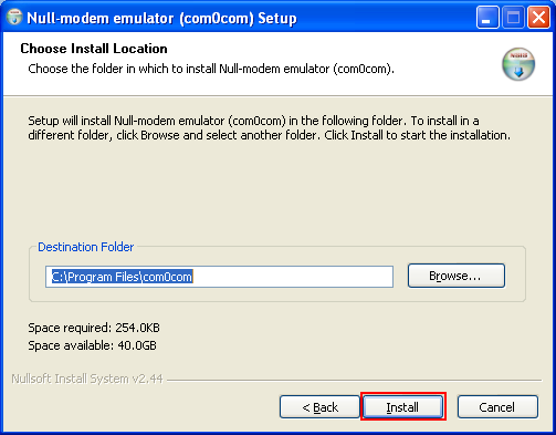 Debugging ReactOS: the com0com null modem setup install location
