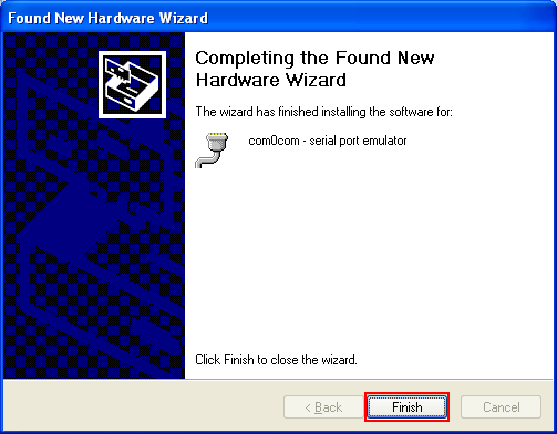 Debugging ReactOS: the com0com null modem setup, completing the new hardware found wizard