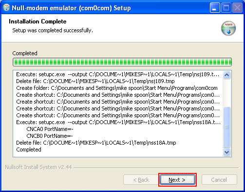 Debugging ReactOS: the com0com null modem setup, setup was completed successfully