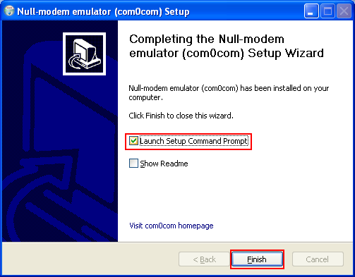 Debugging ReactOS: the com0com null modem setup completing the null-modem emulator setup