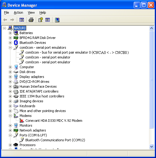 Debugging ReactOS: the com0com null modem setup, the virtual serial ports visible in the device manager