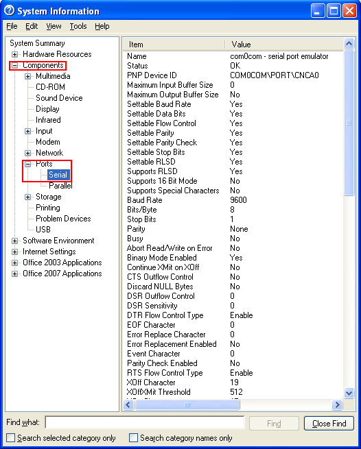 Debugging ReactOS: the com0com null modem setup, the virtual serial port also visible in System Information