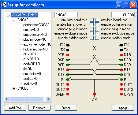 Debugging ReactOS: the com0com null modem GUI setup, two virtual ports are visible