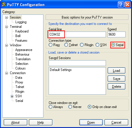 Debugging ReactOS: putty thin client, setting the serial line port and etc