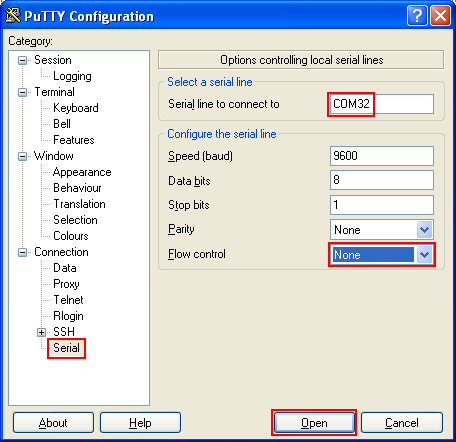 Debugging ReactOS: putty thin client, configuring the serial port