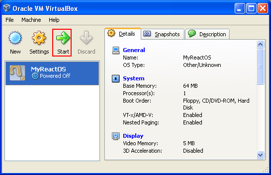 Debugging ReactOS: starting the ReactOS through VirtualBox virtual machine