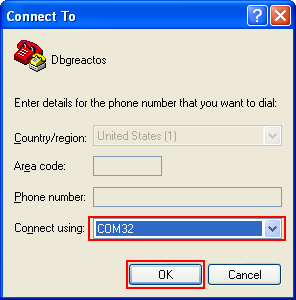 Debugging ReactOS: Setting the HyperTerminal serial port to COM32