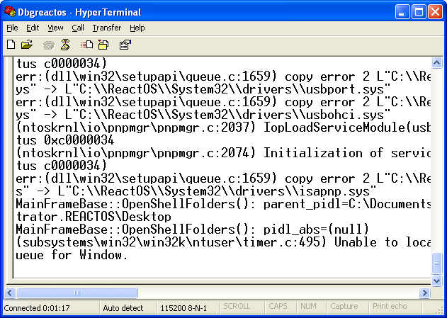 Debugging ReactOS: the ReactOS debug messages seen through HyperTerminal