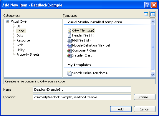 Deadlock and Critical Section Program Example: Adding new C++ source file