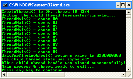 The WaitForSingleObject() Example: Sample console program output