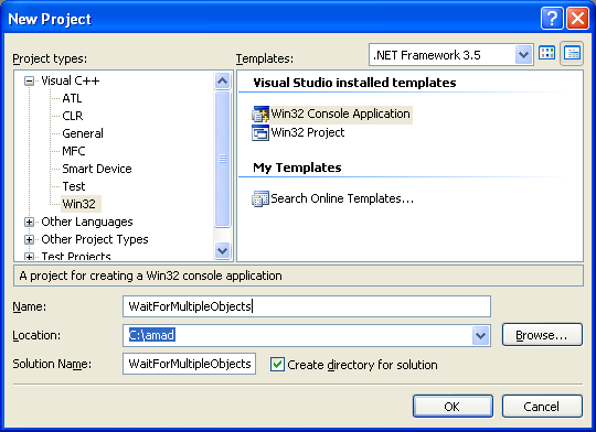 The WaitForMultipleObjects() Example: Creating new Win32 empty console application project