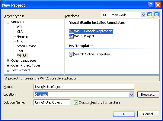 Using Mutex Objects Program Example: Creating new Win32 empty cosnsole application project in Visual C++