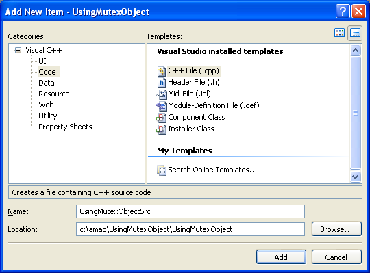 Using Mutex Objects Program Example: Adding new C++ source file to the existing Win32 project